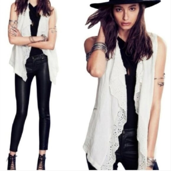 Free People White Distressed Linen Blend Eyelet Vest - Picture 3 of 5